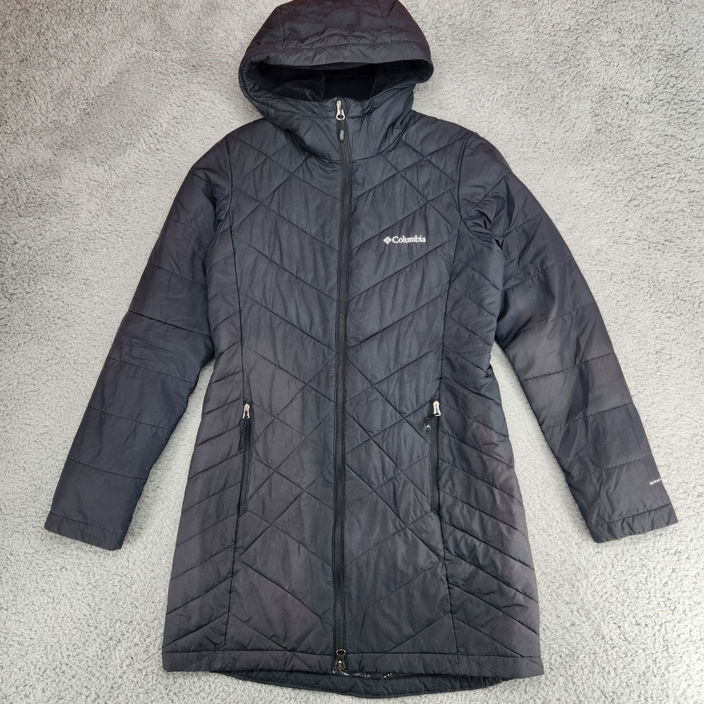 Columbia Omni-Heat Hooded Long Puffer Jacket Womens XS Black Sherpa Lined Hood